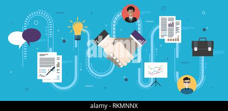 Cooperation strategy and handshake in contract agreement signature. Negotiation, teamwork and collaboration in business .Internet website banner conce Stock Vector