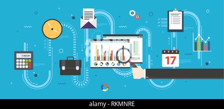 Financial strategy, report with investment data, charts of growth on website screen in internet browser. Finance, business and investment icons, chart Stock Vector