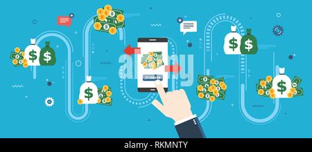 Banking transfer, transaction financial and money. Businessman hand clicking on transfer button in smartphone bank app.Transferring money to various a Stock Vector