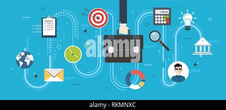 Cooperation strategy,business vision and leadership. Businessman hand holding a briefcase. Target, briefcase, bank, office, calculator, worldmap and b Stock Vector