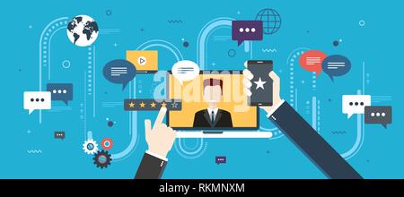 Evaluation of online support, contract service or purchase product. Customer testimonials, vote and feedback, rating and liked. Concept of technology  Stock Vector