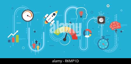 Performance and efficiency, growth in business and speed for success in startup or new business. Increase in finance. Internet banner concept in flat  Stock Vector