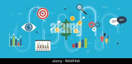 Growth chart, startup sucess and money profit. Business, growth, chart and finance icons. Startup and sucess growth internet banner concept in flat de Stock Vector