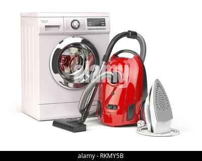 Home appliances Group of vacuum cleaner microwave iron coffee maker steam  kettle toaster meat grinder sale background 3d Stock Illustration
