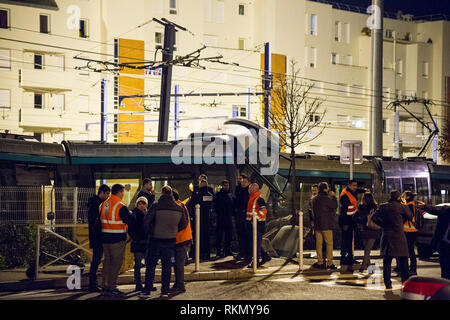 Police seen at the scene of the accident between two tramway trains on the T2 line between Jacques Henri Lartigue and Les Moulineaux stations in Issy les Moulineaux near Paris causing 12 injuries. Stock Photo