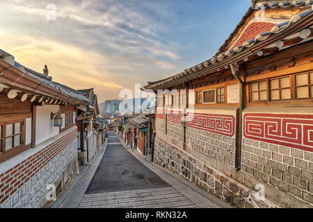 Seoul South Korea, sunrise city skyline at Bukchon Hanok Village Stock Photo