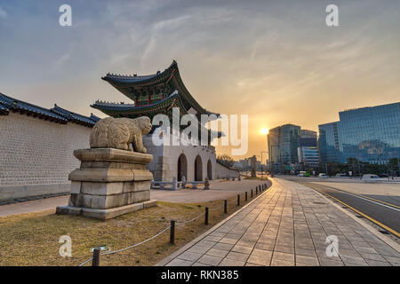 Seoul South Korea, Sunrise city skyline at Gwanghwamun Gate Stock Photo