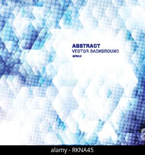 Abstract white and blue geometric hexagons shapes overlapping background with dots halftone. Technology concept. Vector illustration Stock Vector