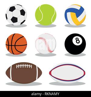 Collection of sports balls. soccer, football, tennis, baseball, basketball, rugby, american football, volleyball. Flat design vector illustration icon Stock Vector