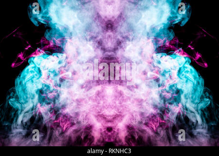 Mocap for cool t-shirts. Thick colorful blue and pink smoke  in the form of a monster on a black isolated background. Background from the smoke of vap Stock Photo