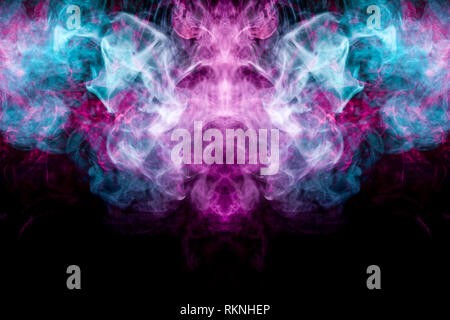 Cloud of blue and pink smoke  in the form of a skull, monster, dragon  on a black isolated background. Background from the smoke of vape. Mocap for co Stock Photo