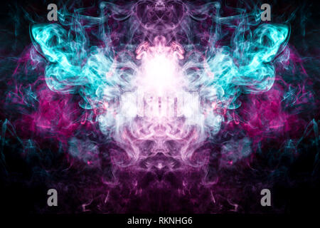 Fantasy print for clothes: t-shirts, sweatshirts.  Colorful pink and blue smoke in the form of a skull, monster, dragon on a black isolated background Stock Photo
