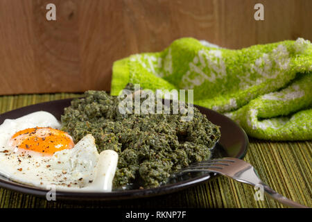 Nettles stew with a fried egg on the plate with herbs Stock Photo