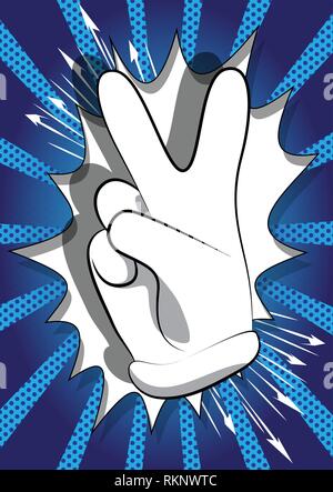 Vector cartoon hand showing the V sign. Illustrated hand sign on comic book background. Stock Vector