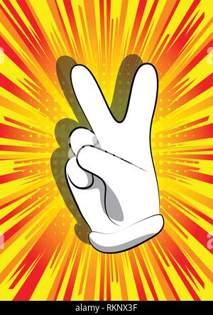 Vector cartoon hand showing the V sign. Illustrated hand sign on comic book background. Stock Vector