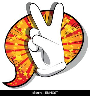 Vector cartoon hand showing the V sign. Illustrated hand sign on comic book background. Stock Vector