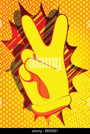 Vector cartoon hand showing the V sign. Illustrated hand sign on comic book background. Stock Vector