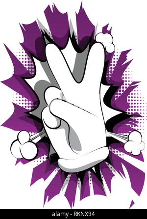 Vector cartoon hand showing the V sign. Illustrated hand sign on comic book background. Stock Vector