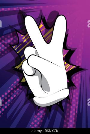Vector cartoon hand showing the V sign. Illustrated hand sign on comic book background. Stock Vector