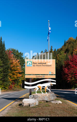 Sign at the entrance of Mont Tremblant National Park, Province of Quebec, Canada. Stock Photo