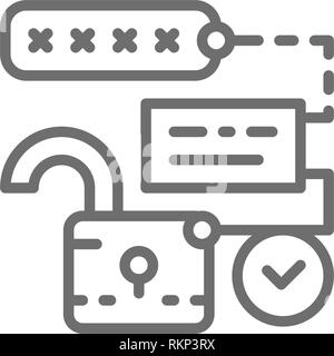 Open lock with pin code, password and unlock, cryptography line icon. Stock Vector