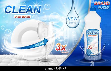 Dish wash soap ads. Realistic plastic dishwashing packaging with label design. Liquid wash soap with clean dishes and water splash. 3d vector Stock Vector