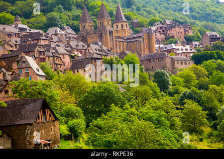 The picturesque village of Conques in France. The village is on the pilgrim route of the Camino de Santiago Compostella. Stock Photo