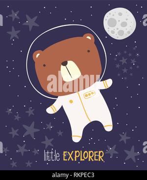 cute bear in astronaut suit on starry background and moon. drawn style illustration. can be used for nursery decoration, design for baby and kids Stock Vector