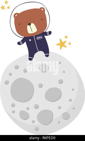 cute bear in astronaut suit walking on the moon isolated on white. drawn style illustration. can be used for nursery decoration, design for baby and k Stock Vector