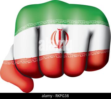 Iran flag and hand on white background. Vector illustration Stock Vector