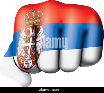 Serbia flag and hand on white background. Vector illustration Stock Vector