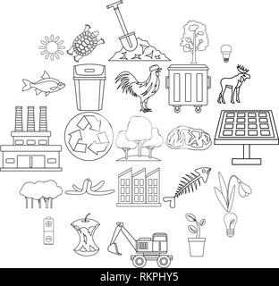 Destruction of nature icons set, outline style Stock Vector