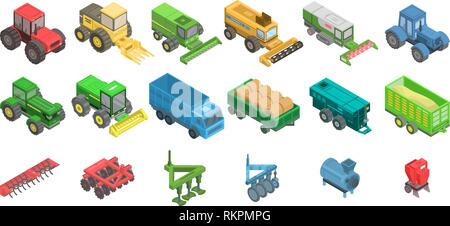 Agricultural machines icons set, isometric style Stock Vector
