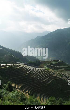 A section of the spectacular Longji- Dragon’s Backbone Rice Terraces at Ping’An, Longshen County. Cut into the contours of the land and operated by ma Stock Photo