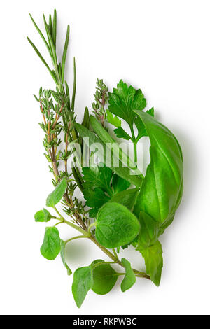 Bundle of freshly picked provence herbs isolated on white from above. Stock Photo