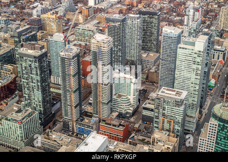 Toronto, Ontario, Canada - January 12 2019. Aerial view, taken from CN Tower, of the buildings at downtown city, Stock Photo