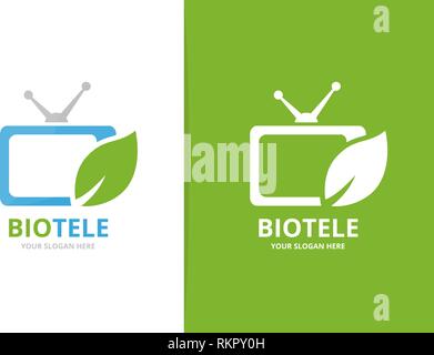 Vector tv and leaf logo combination. Unique media and organic logotype design template. Stock Vector