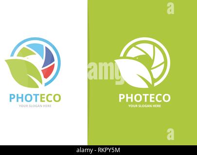 Vector camera shutter and leaf logo combination. Unique photo and organic logotype design template. Stock Vector