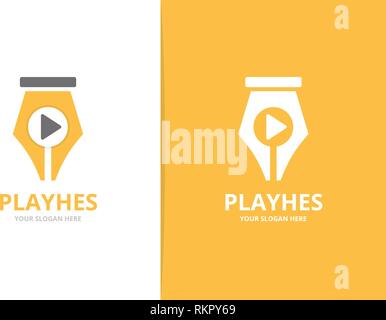 Vector pen and play button logo combination. Unique law and connect logotype design template. Stock Vector
