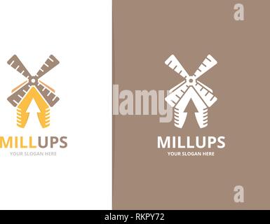 Vector mill and arrow up logo combination. Unique windmill and upload logotype design template. Stock Vector