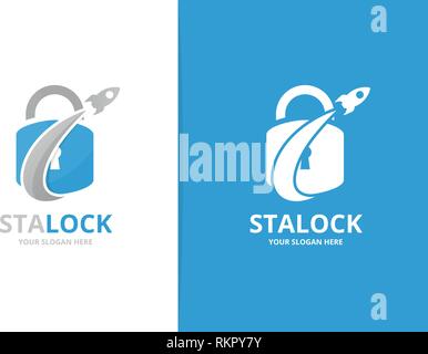 Vector lock and rocket logo combination. Unique padlock and flight logotype design template. Stock Vector