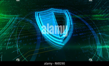 Cyber security on digital background with shield icon. Data protection abstract 3D illustration. Stock Photo