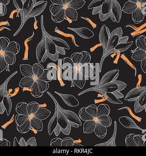 Detailed Orange Saffron and Crocus Flowers Line Drawing Seamless Pattern on Black Background Stock Vector