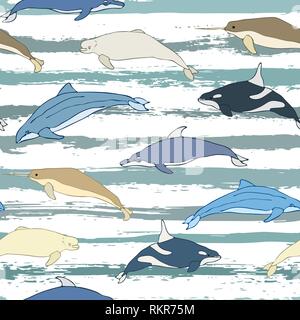 Seamless pattern of cartoon whales. Set of species of whales on the background of grunge stripes. Vector Illustration Stock Vector