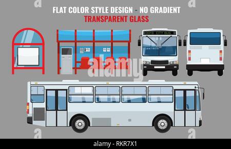 City Bus and Bus stop, side front and back view. Flat color style vector illustration. Stock Vector