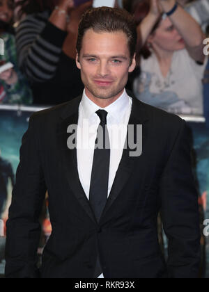 Sebastian Stan arrives at the UK Premiere of Captain America: The Winter Soldier at Vue Cinema in Westfield Shopping Centre in London Stock Photo