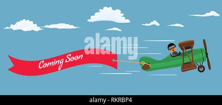 Retro style plane with red flying ribbon and text coming soon. Flat color style vector illustration. Stock Vector