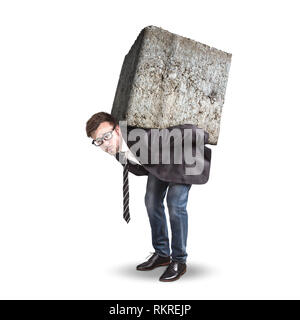 Businessman carrying a large and heavy stone on his back Stock Photo