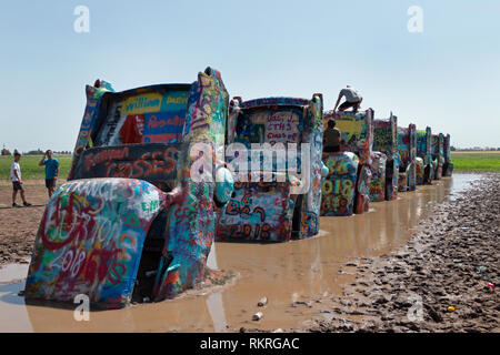The Cadillac Ranch, a public art installation and sculpture created in 1974 in Amarillo, Texas, USA along Interstate 40 Highway Stock Photo