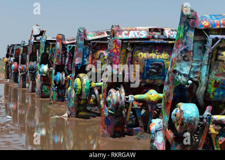 The Cadillac Ranch, a public art installation and sculpture created in 1974 in Amarillo, Texas, United States along Interstate 40 Highway Stock Photo